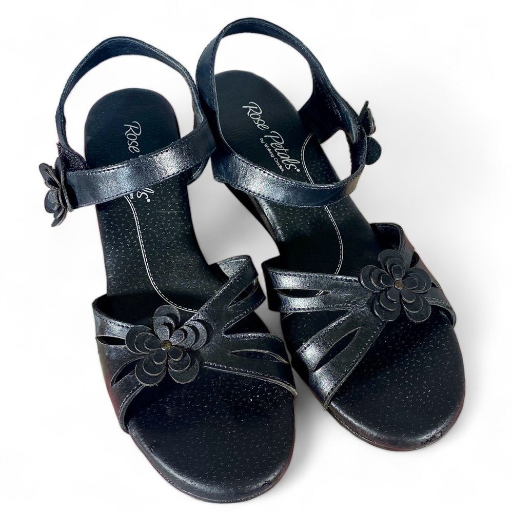 Walking Cradles Black Leather Sandals Sling Backs Wedge Heel Cushioned SZ 7